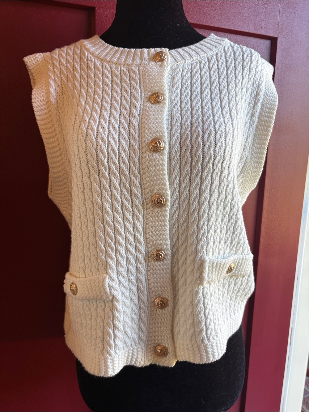 Vici Cream Knit Button-Front Sweater Vest with Gold Buttons